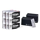 Feather FHS-10 Single Edge Razor Blades (90 Count) with 2 Blade Recycling Banks | Hi-Stainless Carbon Steel, Platinum & PTFE Coated | Ultra-Sharp, Durable & Comfortable | O.23mm Thickness